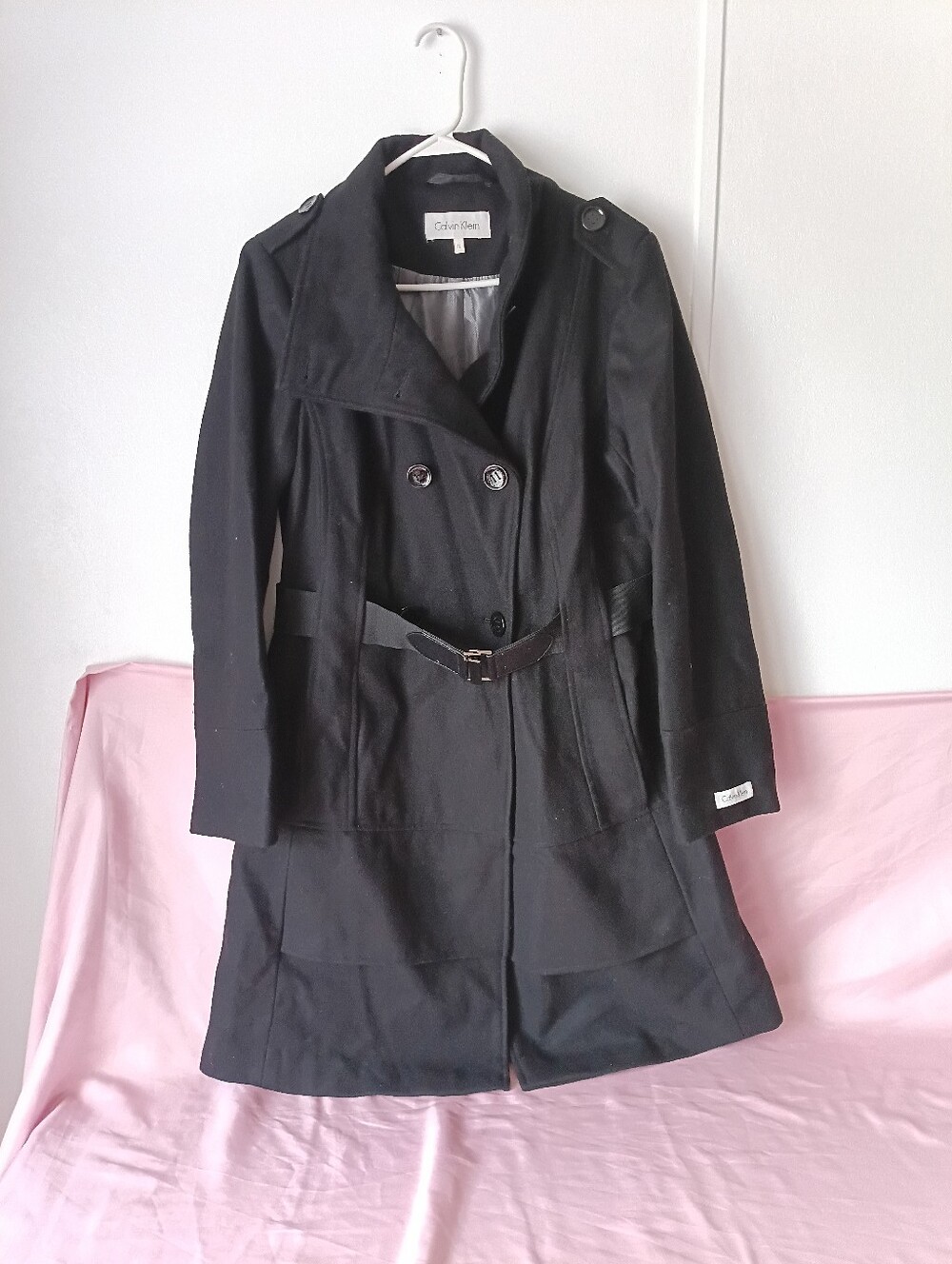 Calvin Klein Black Double-Breasted Belted Trench Coat Sz. 12